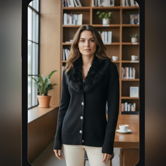 NWT Vintage NYgard Collection Black Cardigan Small Genuine Rabbit Fur Collar - Picture 2 of 11